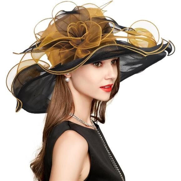 Derby Hats for Women, Classy Organza Sun Hat, Camel Black main image 4